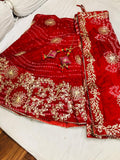 Traditional Jaipuri Full Stich Silk Lehanga Fabric With Beautiful Kachi Gotta Patti Work Nr Kml Red