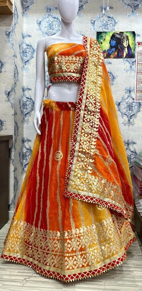 Rajasthani Kota Doria Gota Patti Work Lehengas Set Or Kml Orange Red Lehenga