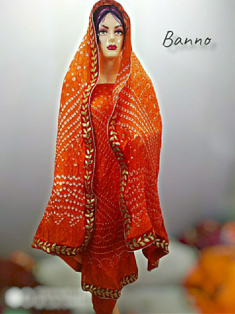 Banno:  Art Silk Bandhani Salwar Suit Material Handmade Bandhej Or Kcpc Orange Suits