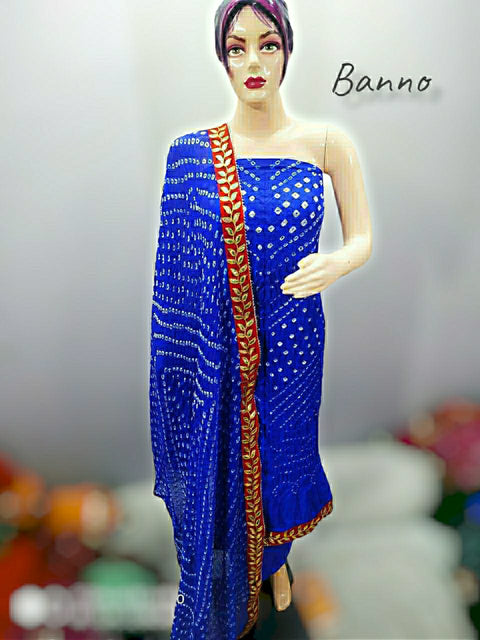 Banno:  Art Silk Bandhani Salwar Suit Material Handmade Bandhej Or Kcpc Blue Suits