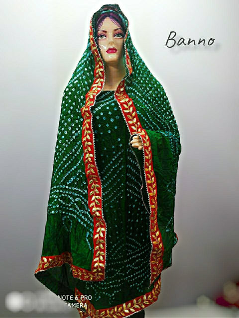 Banno:  Art Silk Bandhani Salwar Suit Material Handmade Bandhej Or Kcpc `Green Suits